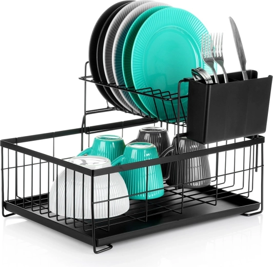 To-etagers metal opvaskestativ, sort 42 × 28 × 28 cm