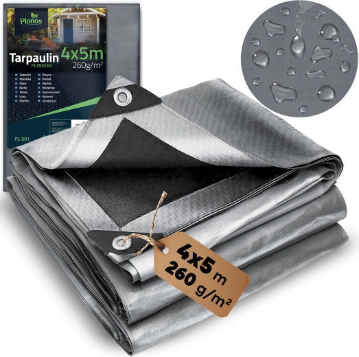 Presenning HDPE 400 × 500 cm, 260 g/m², sølv–sort