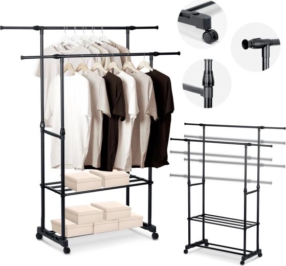 Massido fritstående tøjstativ, sort, med hjul og hylder