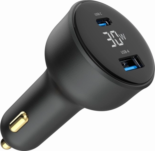 Hurtig billader 30 W med LCD, USB‑C PD og 2× USB‑A, sort