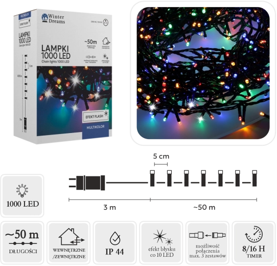 Jule-LED-lyskæde 1000 dioder multicolor med koldhvid flash 50 m (3 m tilledning) - 1 stk.