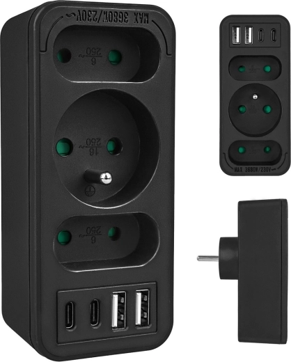 Stikdåseadapter med 3 udtag og USB-A/USB-C, sort