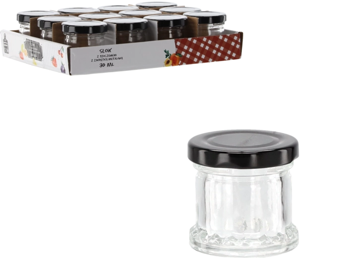 Glaskrukke 30 ml med relief og sort metal låg