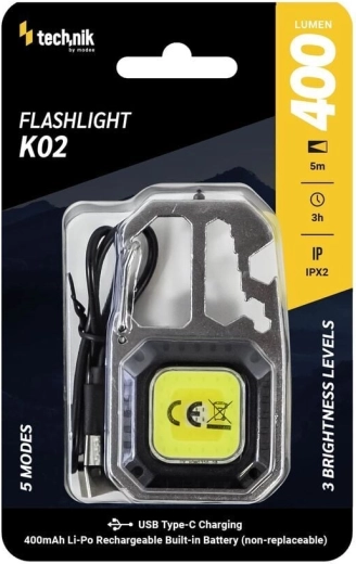 Technik MT-K02 nøglerings-COB LED arbejdslampe med karabinhage og USB‑C, 400 lm
