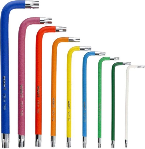 Farvesæt af lange TORX-nøgler T10–T50 med hul og magnetisk spids, 9 dele