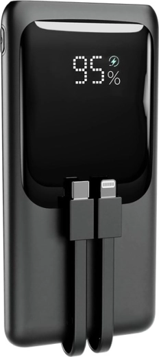 Powerbank 10.000 mAh med integrerede kabler, LCD-display og hurtigopladning 20 W, sort