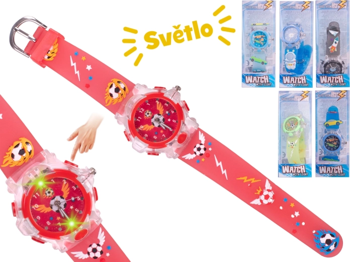 Drenge analogt armbåndsur med lys – rummet, biler og fodbold