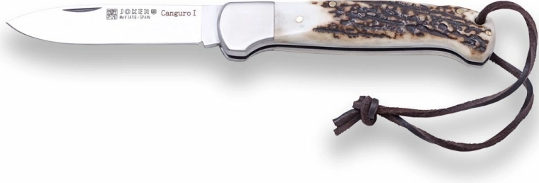 Joker Canguro lommekniv til jagt 8,5 cm, gevir, lædersnor