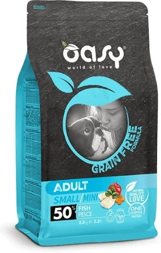 Oasy kornfri foder til voksne hunde Small/Mini med fisk 2,5 kg