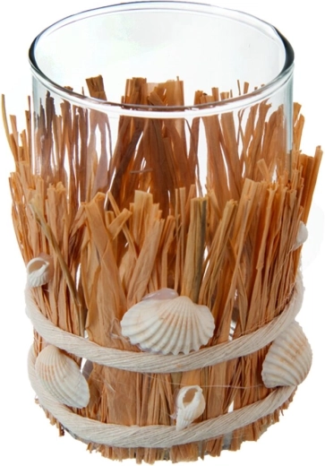 SEA-lysestage i glas med naturlig græsdetalje, brun