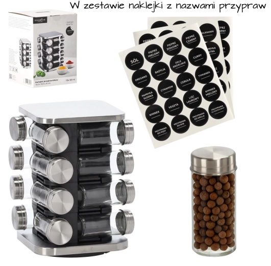 Kvadratisk drejelig krydderihylde 15,5 × 15,5 × 24 cm med 16 glas-krydderiglas, sort‑sølv