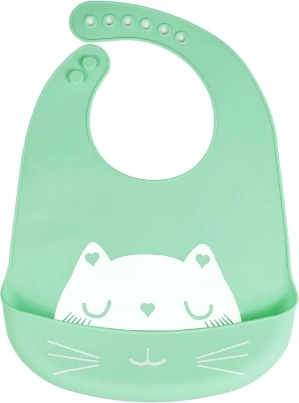 Silikone hagesmæk med lomme til børn - grøn, kat