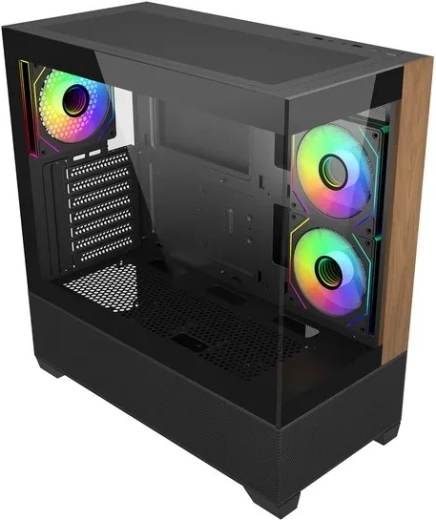 PC-kabinet Elite 690 wood med panoramaglas og ARGB-blæsere