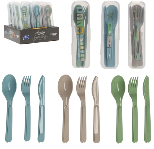 Plastisk rejsebestik i etui – ske, gaffel og kniv, blå