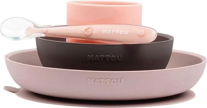 Nattou silikone spisesæt 4 stk., rosa‑lilla, uden BPA