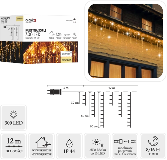 Lysgardin – istapper 300 LED varm hvid 15 m - 1 stk.