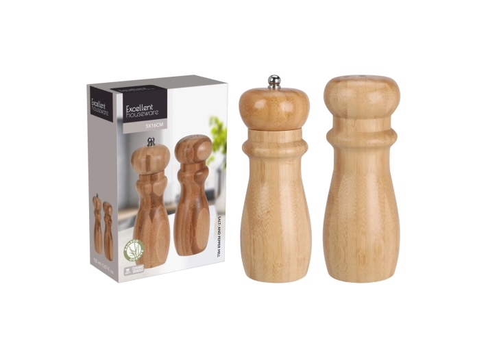 Sæt af bambus-kværne til salt og peber med keramisk kværnemekanisme