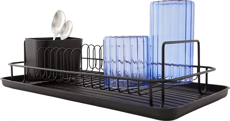 Opvaskestativ med drypbakke, sort, stor, med bestikkurv
