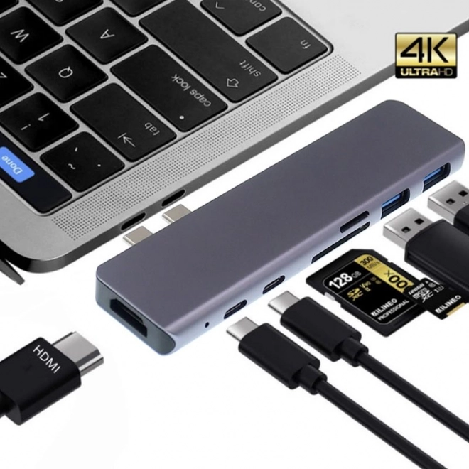 Adapter 7-i-1 HUB USB-C HDMI 4K SD til MacBook Pro / Air - Grå