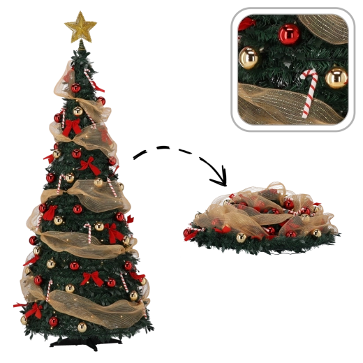 Sammenklappeligt kunstigt juletræ Lidia 180 cm med LED-belysning og pynt - 1 stk.
