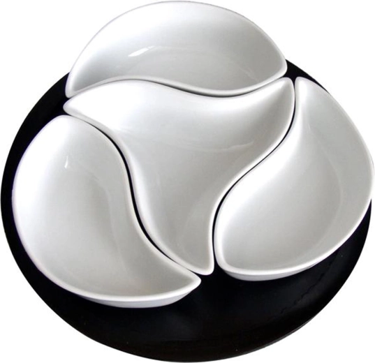 Sæt med keramiske skåle Větrník på drejelig træbakke, 4 stk.