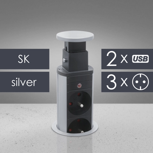 Udtrækkelig stikkontakt til bord med 3 stik og USB-porte, sølvfarvet