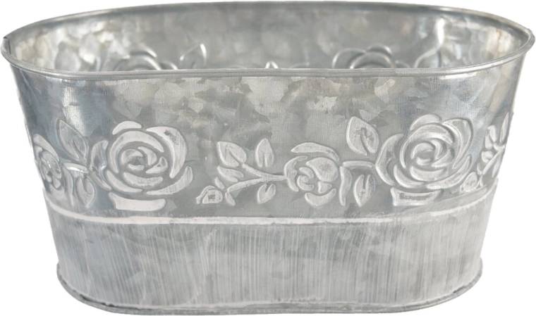 Grå blomsterpotte i blik med rosemotiv