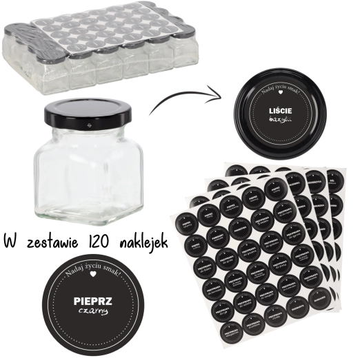 Sæt med 24 firkantede krydderiglas 120 ml med etiketter