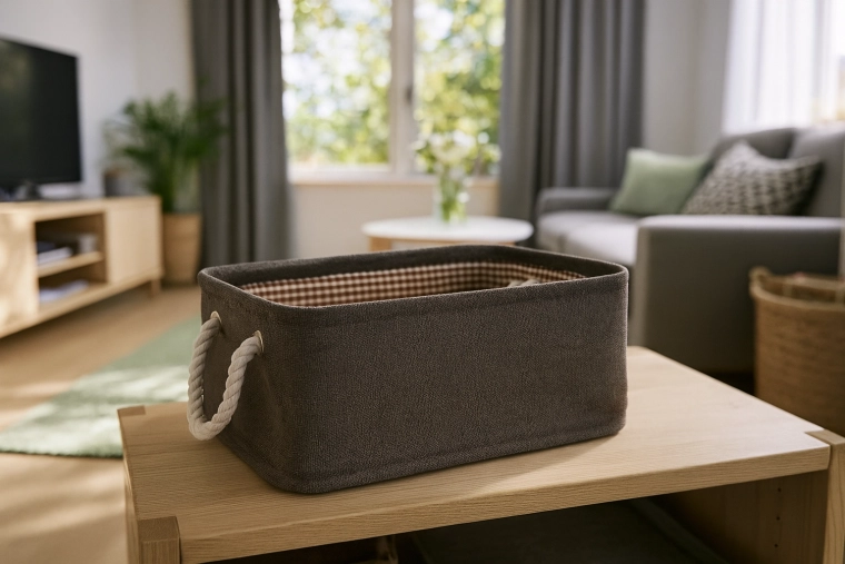 Tekstil opbevaringskurv med snorehanke 22 × 32 × 14 cm – brun