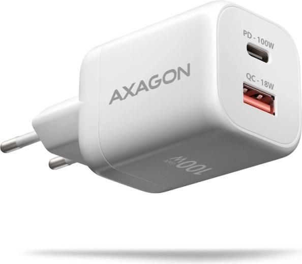 AXAGON 100 W GaN-netoplader med 2 porte, USB-C og USB-A, hvid