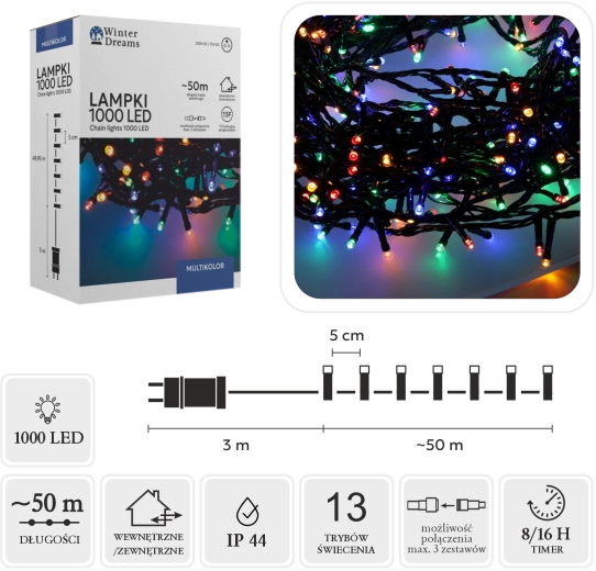 LED-julelyskæde 1000 dioder multicolor 50 m, indendørs/udendørs - 1 stk.
