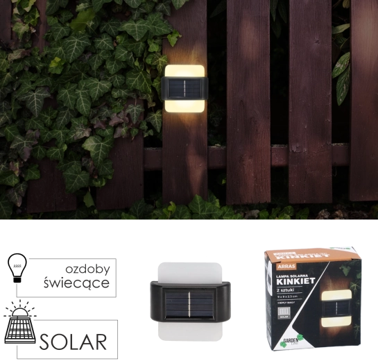 Sæt med 2 solcelledrevne væg-LED-lys ARRAS, varm hvid, 9 × 9 × 2,3 cm