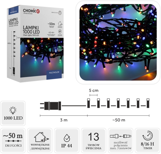 LED-julelyskæde 1000 dioder multicolor 50 m, indendørs/udendørs - 1 stk.