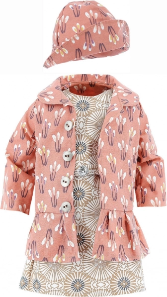 Dukkeklæder til dukke 48 cm – sæt frakke, kjole og lille hat PETITCOLLIN