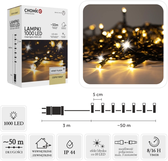 LED-lyskæde 1000 LED varm hvid + kold flash 53 m (3 m tilledning) til indendørs og udendørs brug