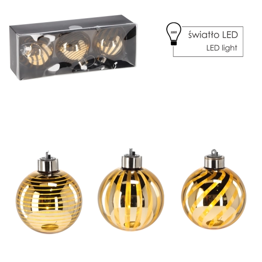 Sæt af gyldne glaskugler til jul med LED, 8 cm, 3 stk.