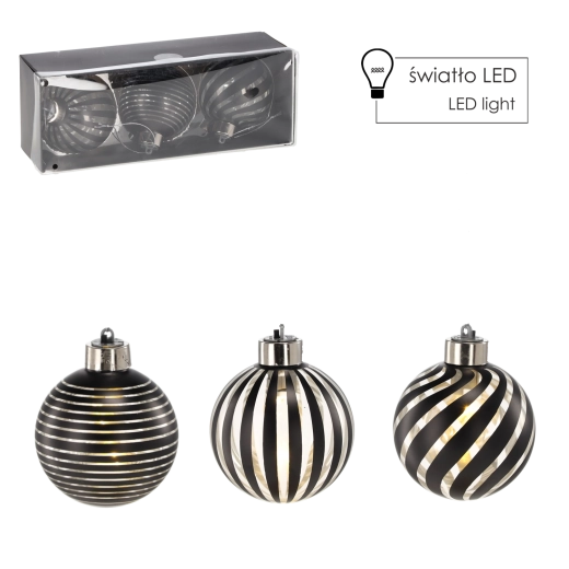 Sæt af glaskugler til jul med sølvfarvet LED-belysning 8 cm (3 stk) Chomik