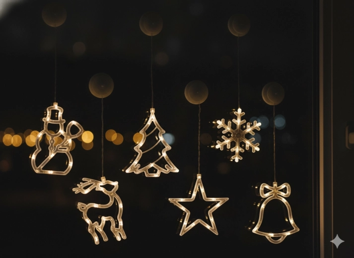 Jule LED-vinduesdekoration med sugekop på batterier, varm hvid, mix af 6 former