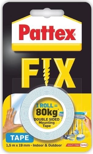 Dobbeltklæbende monteringstape PATTEX Super Fix 19 mm × 1,5 m, bæreevne 80 kg