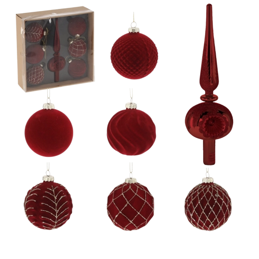 Sæt med 7 glasjulekugler i bordeauxfarve