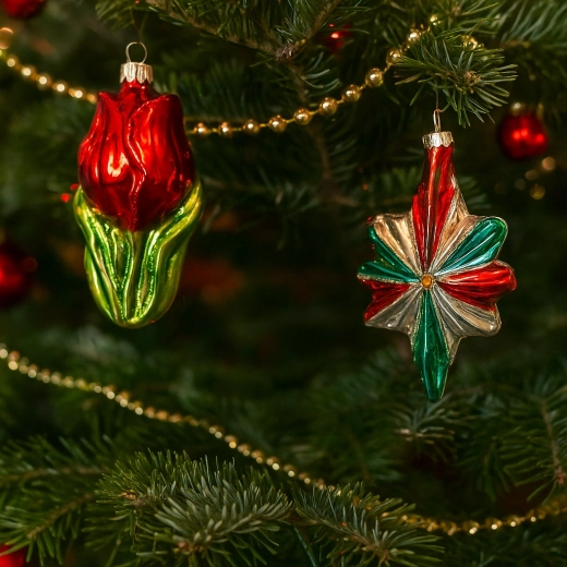 Glas juleornament rose med clips, rød, sæt á 6 stk.