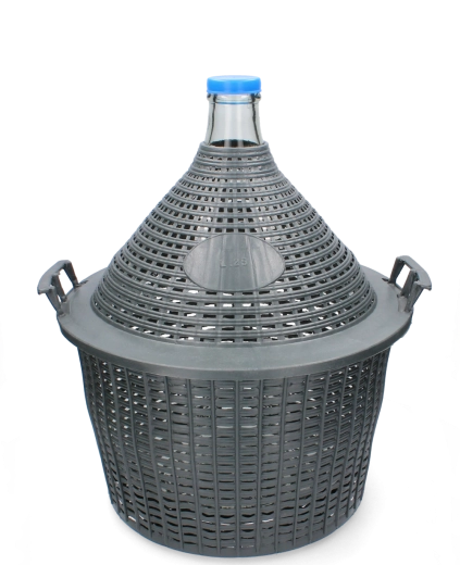 Glasballon 25 l med smal hals og plastkurv