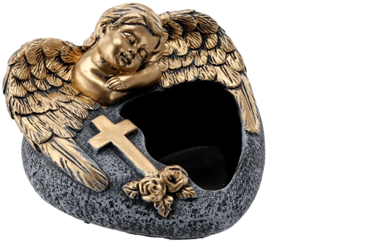 Cement blomsterkrukke til kirkegården med engel, mørkegrå med gyldne dekorationer 16 × 17,5 × 11 cm