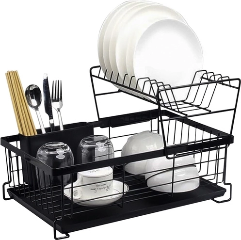 To-etagers RUHHY opvaskestativ med bakke og bestikkurv, sort