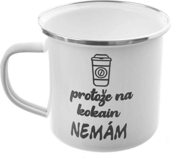 Hvidt emaljekrus „Fordi…“ 500 ml
