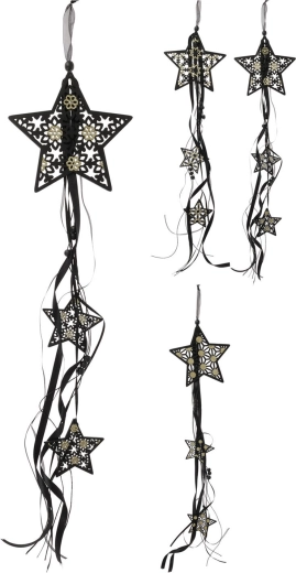 Hængende træstjerne med bånd 16 cm – sort‑guld dekoration
