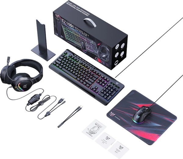 Onikuma gaming-sæt 5-i-1 (tastatur, mus, headset med mikrofon, musemåtte, stativ)