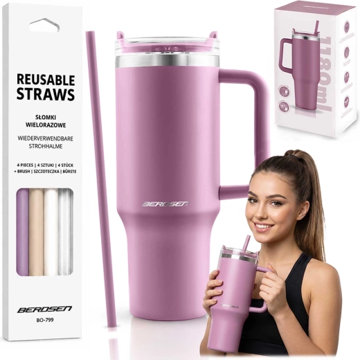 Berdsen vakuumisoleret termokop 1180 ml med sugerørssæt, pink