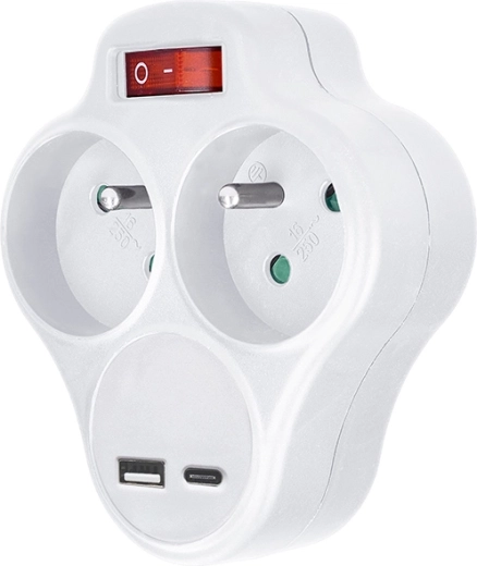Solight stikdåse med stikkontakter og 20 W PD-hurtigopladning via USB, hvid