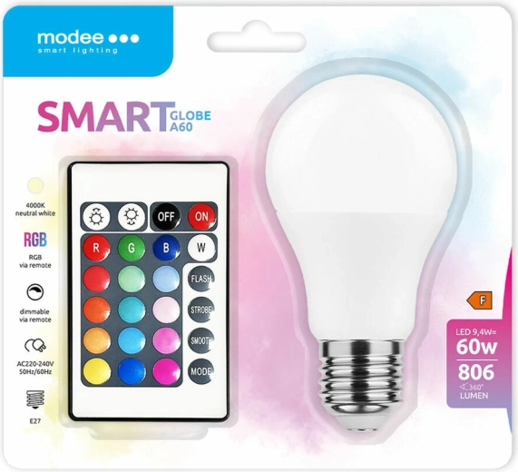 Modee LED smart pære A60 9,4 W E27 RGB-W 806 lm med fjernbetjening